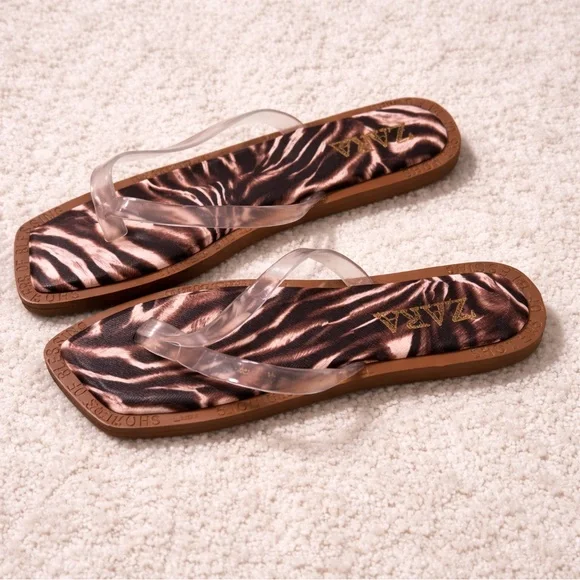 ZARA Zebra Print Flip Flop Sandals Clear Strap Thong Slides Size 41 / US 10 - Picture 6 of 6